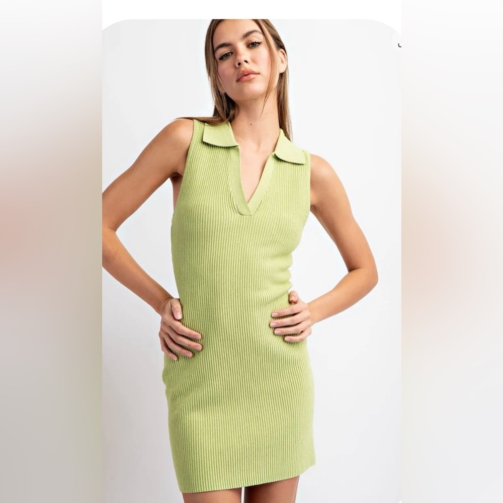 ee:some NWT Avocado Green Sleeveless Ribbed Knit Collared Mini Dress - Picture 5 of 7